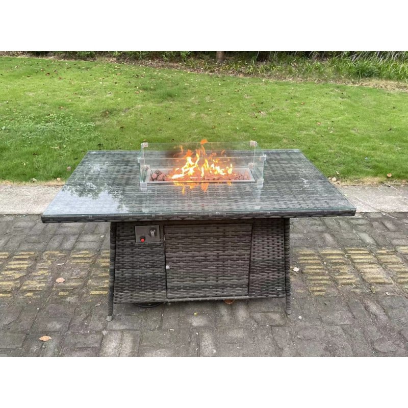 Fimous Wicker PE Rattan Garden Furniture Set Gas Fire Pit Dining Table Gas Heater Burner With 2 Armchairs 2 Side Tables Footstools 8 Seater Dark Grey Mixed