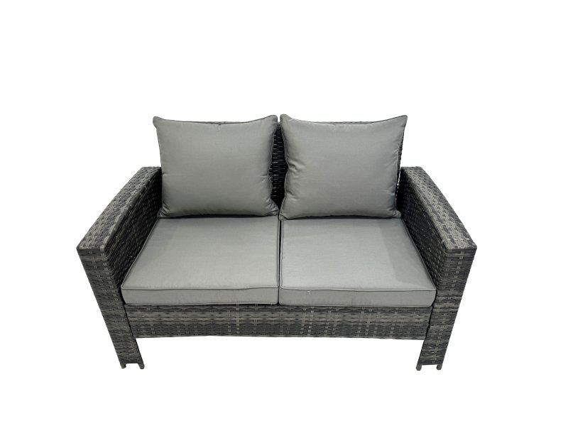 Fimous 8 Seater Wicker PE Rattan Furniture Outdoor Dining Table Double Seat Sofa 4 Stools Set Dark Grey Mixed