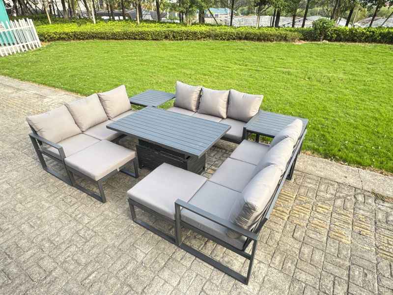 Fimous Aluminum Outdoor Patio Furniture Set Modern Patio Conversation Sets with Adjustable Rising Lifting Dining Table Big Footstool Side Table Dark Grey