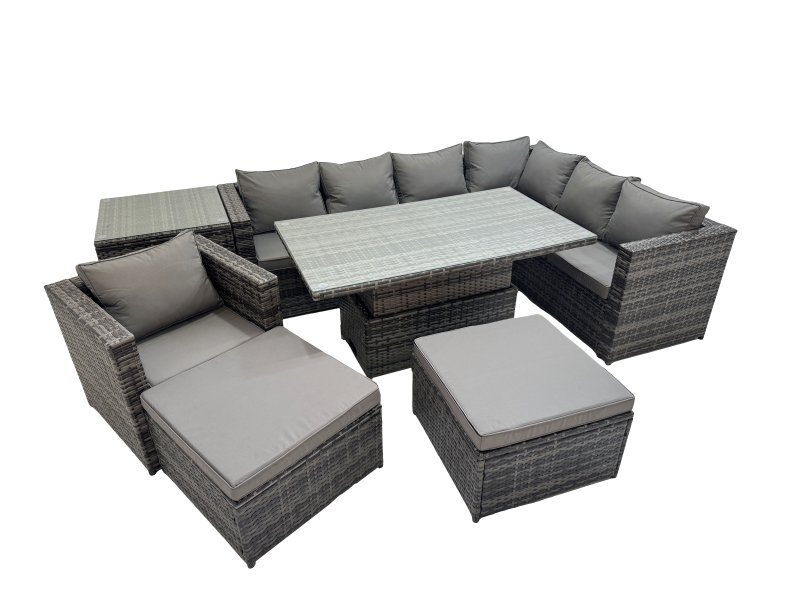 Fimous 9 Seater Rattan Height Adjustable Rising Lifting Table Corner Sofa Sets with Chair 2 Big Stools Side Table Dark Grey Mixed