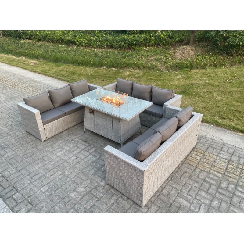 Fimous Light Grey U Shape Lounge Sofa Dining Set With Gas Fire Pit Dining Table Garden Furniture Set Heater Burner