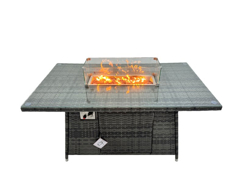 Fimous Outdoor Love Sofa Set 10 Seat Rattan Garden Furniture Set with Gas Firpit Dining Table 4 Footstools 2 Side Table Dark Grey Mixed