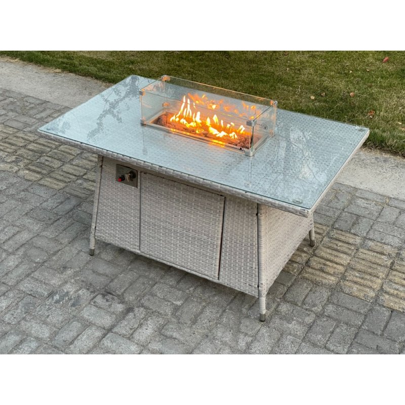 Fimous Light Grey Rattan Fire Pit Garden Furniture Set Gas Heater Burner Lounge Sofa Dining Set 2 Coffee Table Chairs Stools