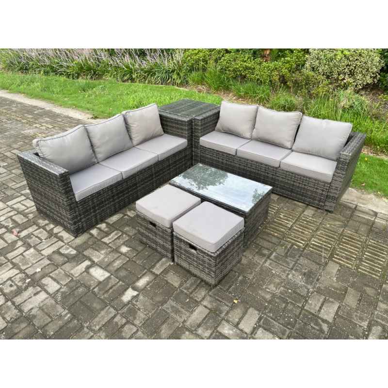 Fimous Rattan Garden Furniture Set Outdoor Patio Sofa Set with Oblong Coffee Table Side Table 2 Small Footstools 8 Seater Dark Grey Mixed