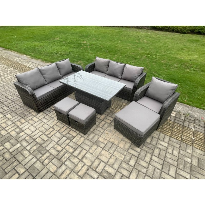Fimous Outdoor Rattan Garden Furniture Sets Height Adjustable Rising lifting Dining Table Sofa Set with Reclining Chair 3 Footstools Dark Grey Mixed