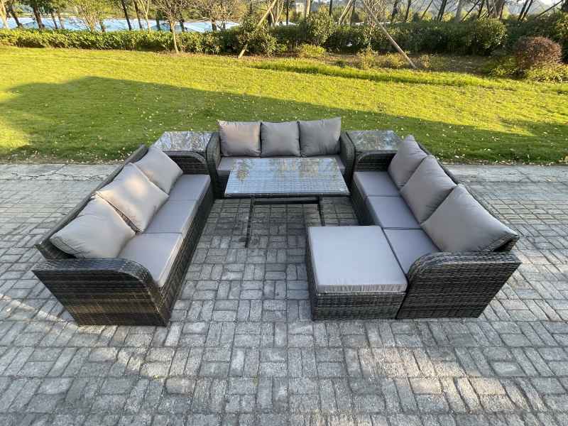 Fimous 10 Seater Wicker Rattan Garden Furniture Set with Rectangular Dining Table 2 Side Tables Big Footstool Patio Outdoor Lounge Sofa Set