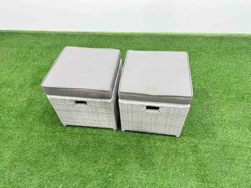 Fimous Rattan Garden Furniture Dining Set 8-seater Patio Rectangular Table Sofa Set with 2 Side Tables 2 Small Stools Light Grey