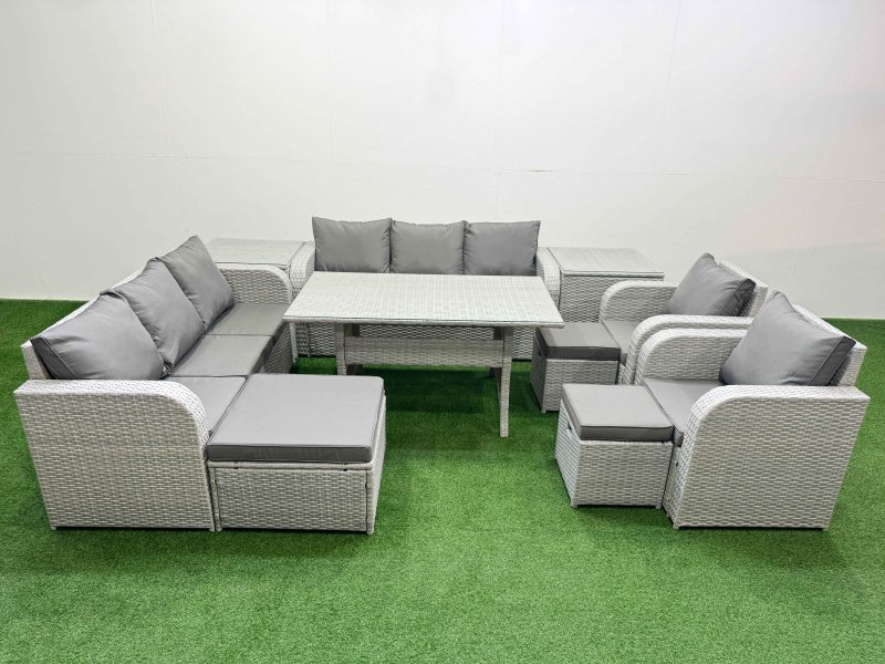 Fimous PE Rattan High Back Lounge Sofa Set Patio Rectangular Dining Table & Chairs Set with 3 Seater Sofa Reclining Chair 3 Stools 2 Side Table Light Grey