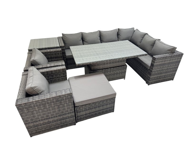 Fimous 9 Seater Rattan Height Adjustable Rising Lifting Table Corner Sofa Sets with 2 Chairs Big Stool Side Table Dark Grey Mixed
