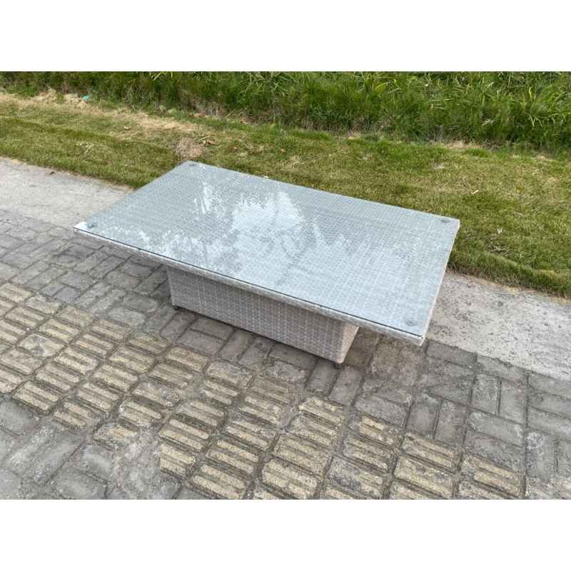 Fimous PE Wicker Rattan Garden Furniture Adjustable Rising Dining or Coffee Table In Light Grey Mixed With Clear Tempered Glass Semi Assembled