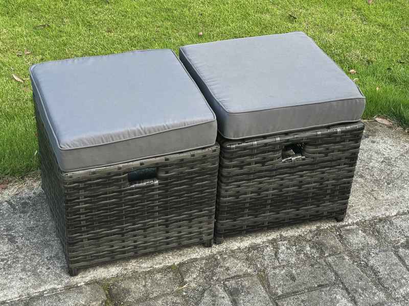 Fimous 6 Seater Wicker PE Rattan Garden Dining Set Outdoor Furniture Sofa with Rectangular Dining Table Double Seat Sofa 2 Small Footstools Dark Grey Mixed