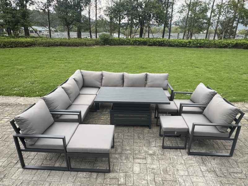 Fimous Aluminium Adjustable Rising Lifting Dining Table Sofa Set 11 Seat Aluminium Garden Furniture Sets with 3 Footstools 2 Chairs Dark Grey