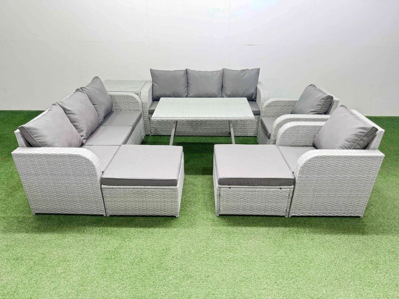 Fimous Rattan High Back Lounge Sofa Set Patio Dining Table & Chairs Set with 3 Seater Sofa 2 Reclining Chairs Side Table 2 Big Stool Light Grey