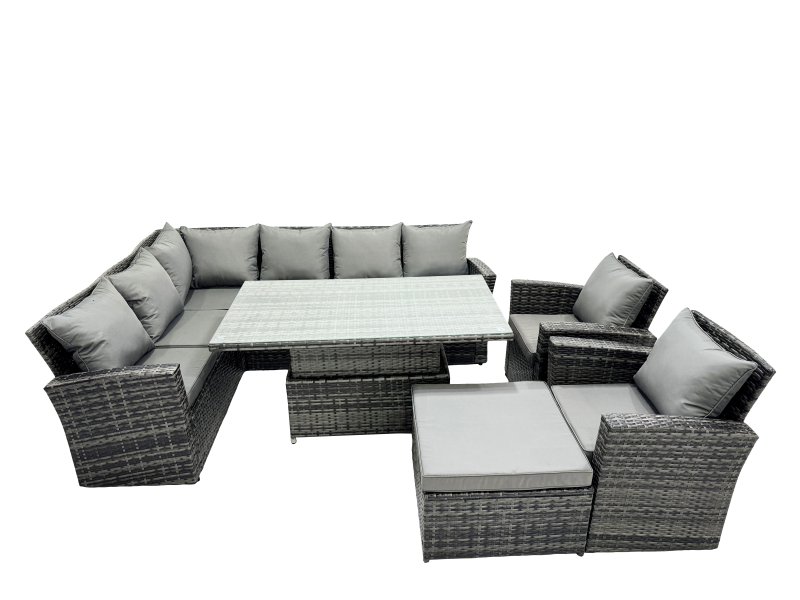 Fimous Poly Rattan Outdoor Patio Height Adjustable Rising Lifting Table Corner Sofa Set with Big Stool,2 Chairs for Garden Backyard Dark Grey Mixed