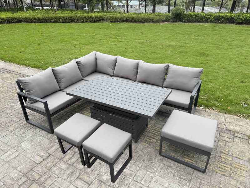 Fimous Aluminium Garden Furniture Sets,11 Seater Outdoor Conversational Dining Set with Adjustable Rising Lifting Dining Table,2 Big Footstools Dark Grey