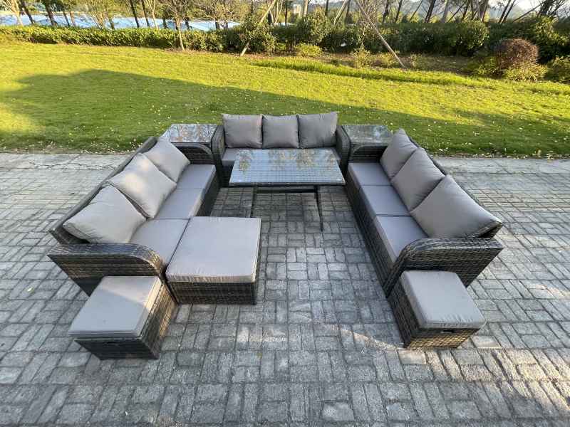 Fimous Rattan Garden Furniture Set 12 Seater Patio Outdoor Lounge Sofa Set with 2 Side Tables Rectangular Dining Table 3 Footstools Dark Grey Mixed
