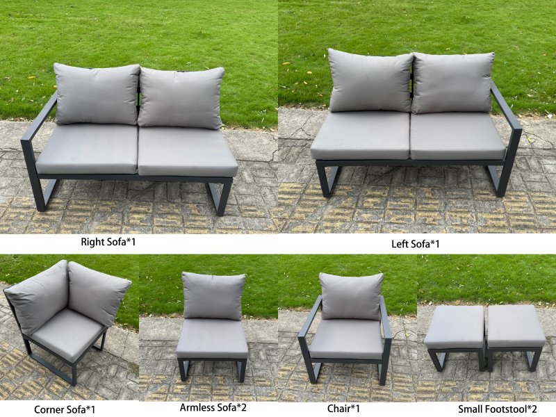 Fimous 7 Piece L-shaped Garden Furniture Set 8-Seater Aluminium Outdoor Dining Set with Adjustable Rising Lifting Dining Table Dark Grey