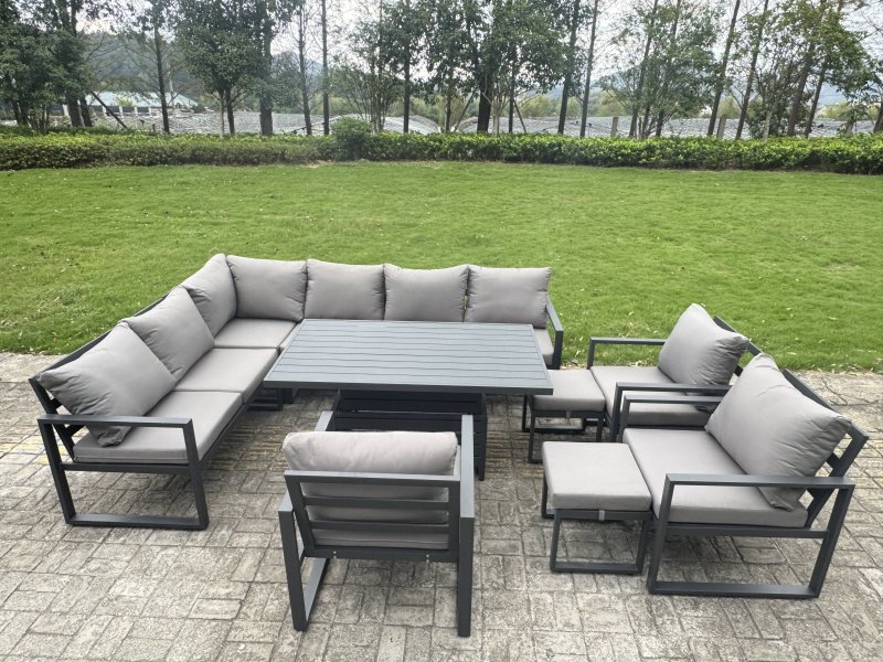 Fimous 8 Pieces Aluminium Garden Furniture Sets with Adjustable Rising Lifting Dining Table,Chair 9 Seater Corner Sofa Set Dark Grey