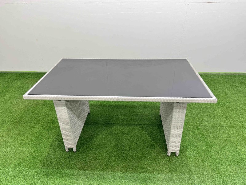 Fimous Patio Garden Furniture Sets with Black Glass Top Dining Table Armchair 3 Seater Sofa 2 Small Stool Light Grey