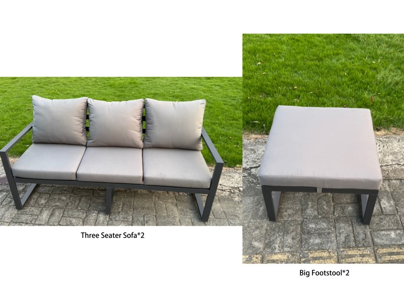 Fimous 7 Pieces Garden Furniture Set Aluminium Adjustable Rising Lifting Dining Table and Sofa Set with 2 Side Tables 2 Small Footstools Dark Grey