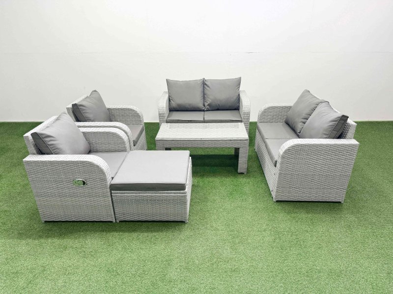 Fimous 7 Seater Outdoor Reclining Chair Love Sofa Set Rattan Garden Furniture Set with Oblong Coffee Table Footstool Light Grey