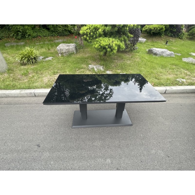 Fimous Aluminum Garden Furniture Dining Set Adjustable Rising Lifting Table And Chairs Patio Outdoor 6 Seat Black Tempered Glass Dark Grey