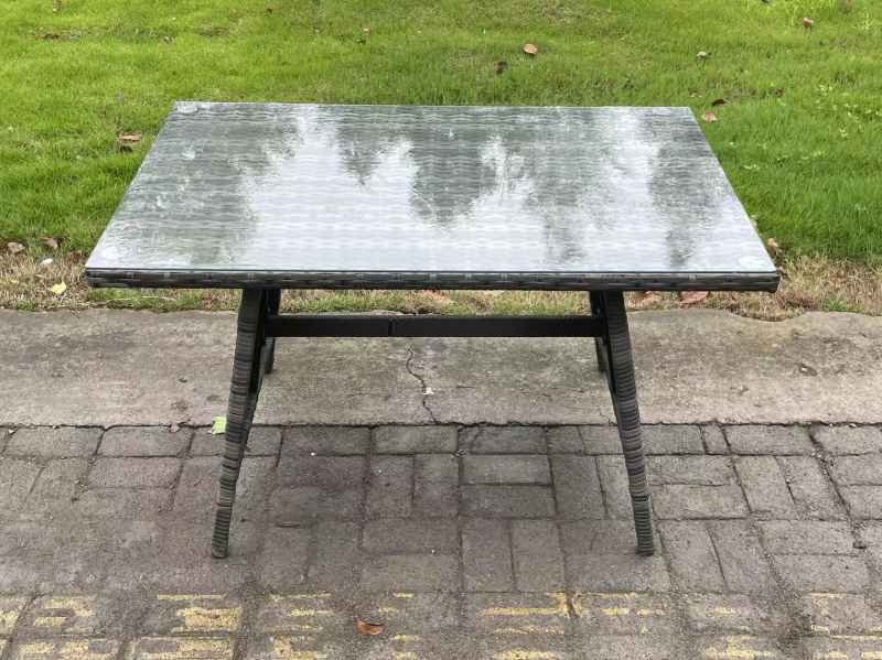 Fimous 7 PCS Outdoor Lounge Sofa Set Wicker PE Rattan Garden Furniture Set with Rectangular Dining Table Armchair 2 Big Footstool Side Table Dark Grey Mixed