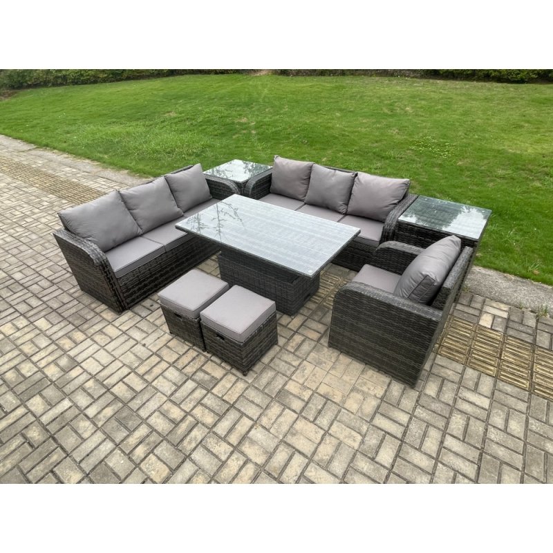Fimous PE Rattan Outdoor Garden Furniture Sets Height Adjustable Rising lifting Dining Table Sofa Set with 2 Side Tables Reclining Chair 2 Small Footstools