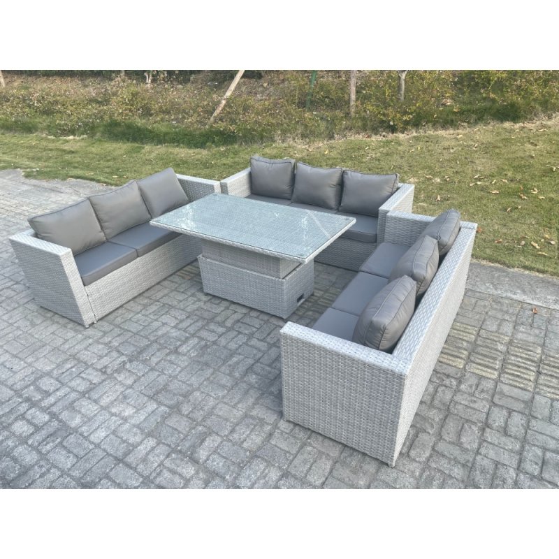 Fimous Lounge Rattan Garden Furniture Set Height Adjustable Rising Lifting Table Dining Set