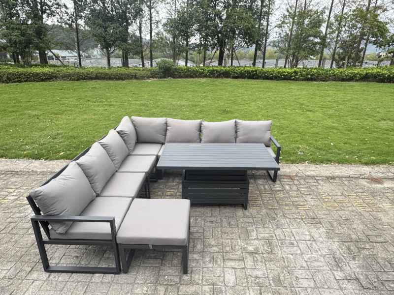 Fimous 11 Piece L-shaped Garden Furniture Set 12-Seater Aluminium Outdoor Dining Set with Adjustable Rising Lifting Dining Table 3 Chairs 2 Small Footstools Dark Grey