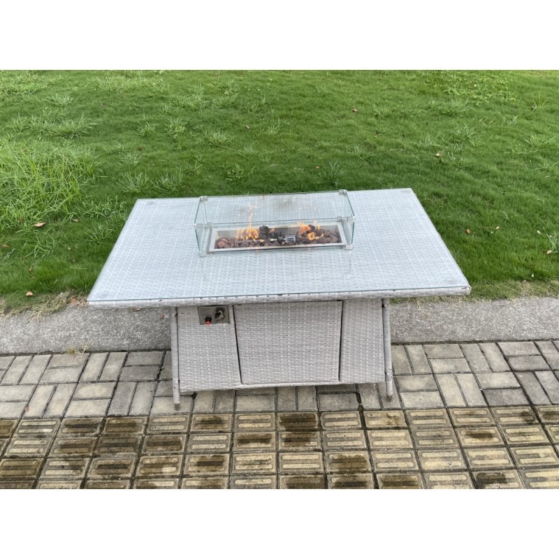 Fimous 8 Seater Outdoor Garden Dining Sets Rattan Furniture Gas Fire Pit Dining Table Gas Heater with Armchair Big Footstool Light Grey