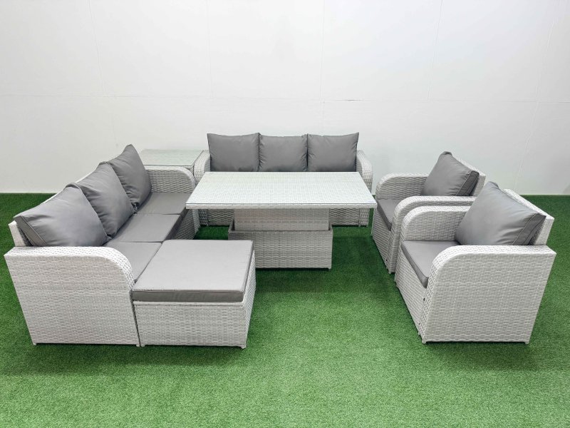 Fimous PE Rattan High Back Lounge Sofa Set Patio Adjustable Lifting Dining or Coffee Table & Chairs Set with 3 Seater Sofa Reclining Chair Big Footstool Side Table Light Grey