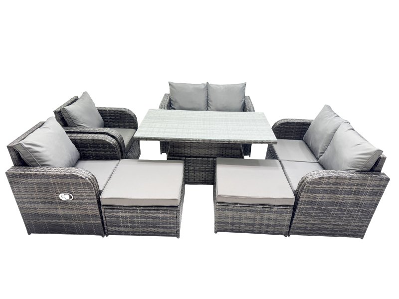 Fimous 8-seater Patio Height Adjustable Rising Lifting Table Sofa Sets Rattan Garden Furniture Dining Set with 2 Big Footstool Dark Grey Mixed
