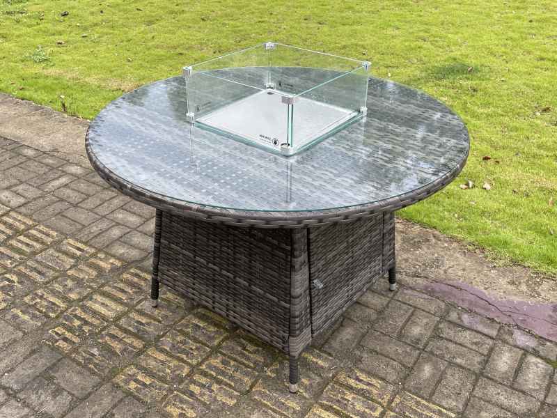 Fimous Outdoor Rattan Garden Furniture Set Gas Fire Pit Round Table Sets Gas Heater with 4 Seater Dining Cahirs Dark Grey Mixed