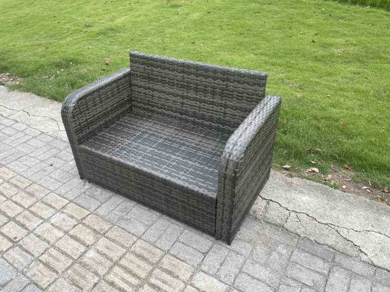 Fimous Outdoor Rattan Garden Furniture Set 9 Seater Patio Love Sofa Set with Rectangular Dining Table 3 Footstools Dark Grey Mixed