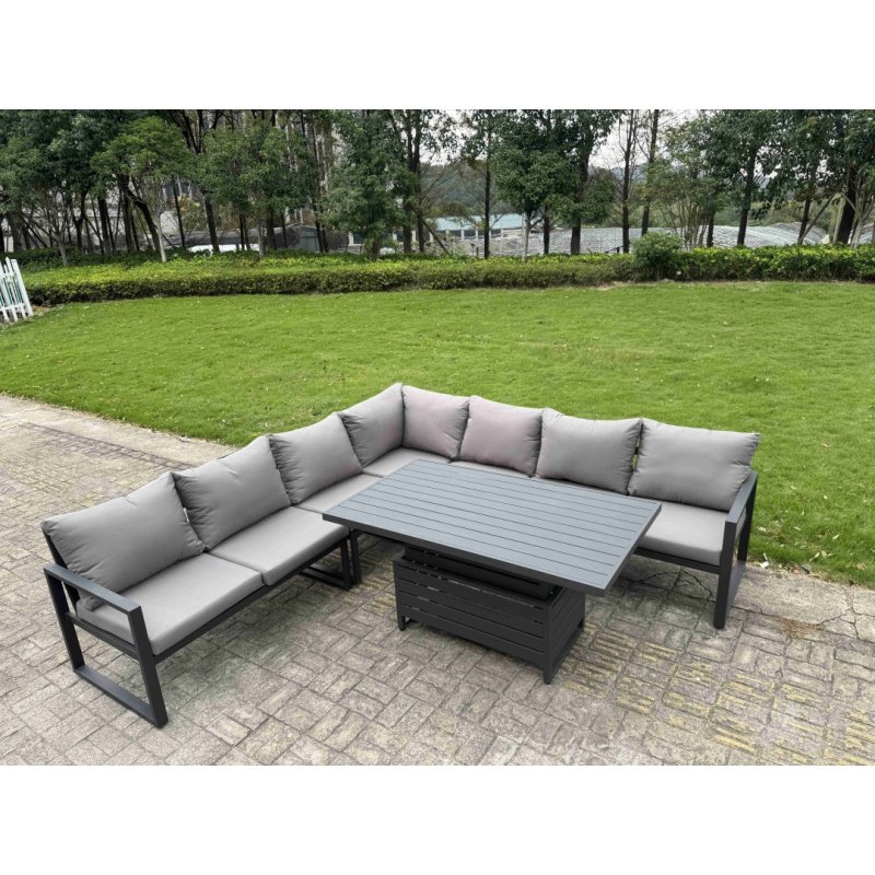 Fimous Aluminium Adjustable Rising Lifting Dining Table Sofa Set 12 Seat Aluminium Garden Furniture Sets with 3 Footstools 3 Chairs Dark Grey