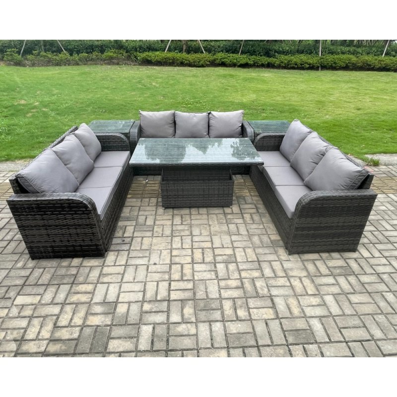 Fimous Patio Garden Dining Set Outdoor Rattan Furniture Lounge Sofa Height Adjustable Rising lifting Table With 2 Side Tables Dark Grey Mixed