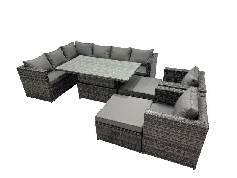 Fimous 10-seater Height Adjustable Rising Lifting Table Corner Sofa Set Rattan Garden Furniture Dining Set with 2 Big Stools Dark Grey Mixed