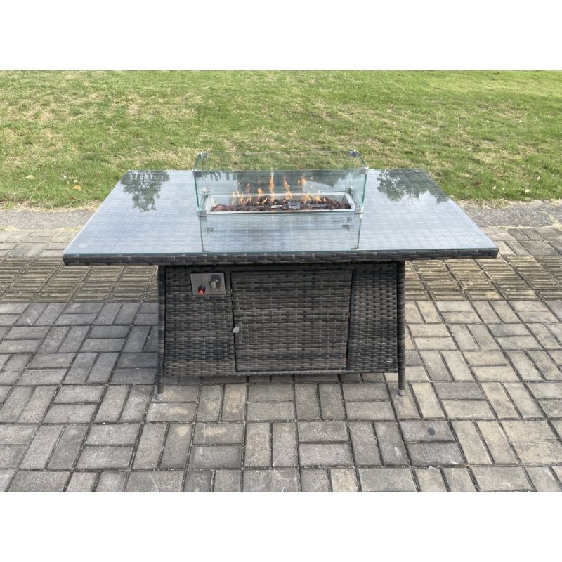 Fimous 8 Seater Outdoor Rattan Furniture Garden Dining Set Gas Fire Pit Table with 2 Small Footstools Love Sofa Dark Grey Mixed