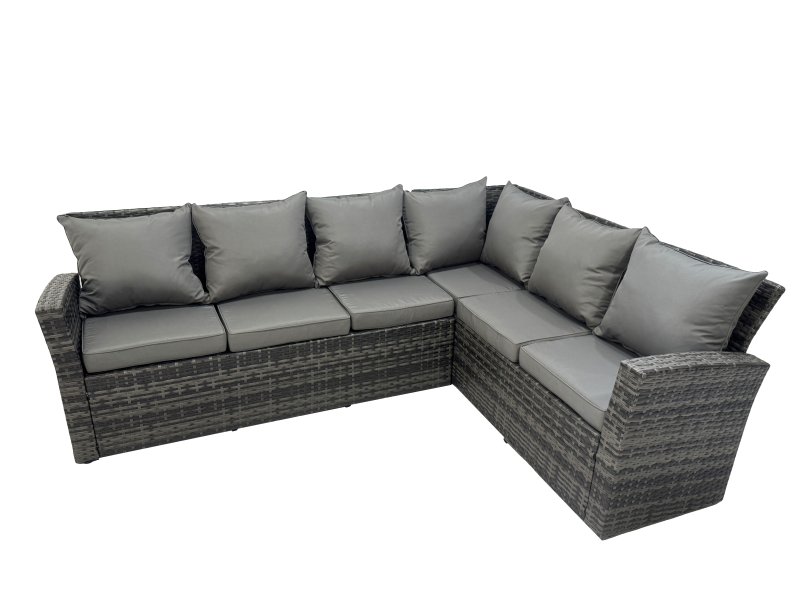 Fimous Outdoor Furniture Garden Dining Set Rattan Corner Sofa Chair Set Gas Fire Pit Table with Temper Glass 2 Small Footstools Dark Grey Mixed