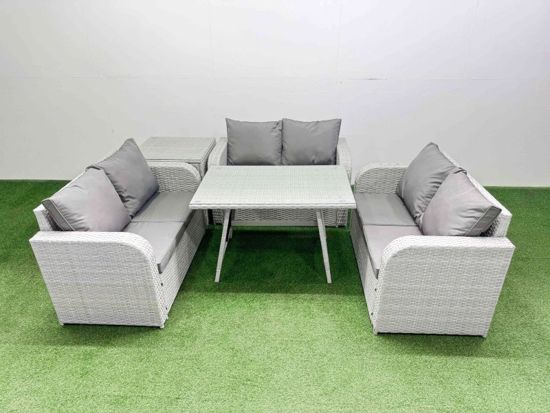 Fimous Rattan Garden Furniture Dining Set 6-seater Patio Rectangular Table Love Sofa Set with Side Table