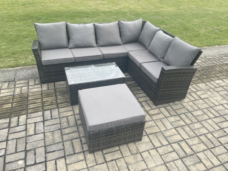Fimous 7 Seater High Back Outdoor Garden Furniture Set Rattan Corner Sofa Set With Rectangular Coffee Table Big Footstool Dark Grey Mixed