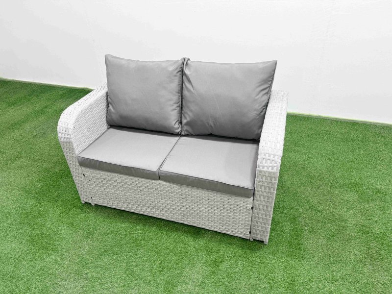 Fimous 7 Seater Outdoor Love Sofa Set Rattan Garden Furniture Set with Oblong Coffee Table 3 Footstool Light Grey