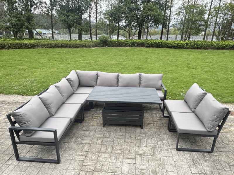 Fimous 10 Pieces Aluminium Garden Furniture Set with Cushions, Patio Furniture Set with Adjustable Rising Lifting Dining Table 3 Footstools Dark Grey