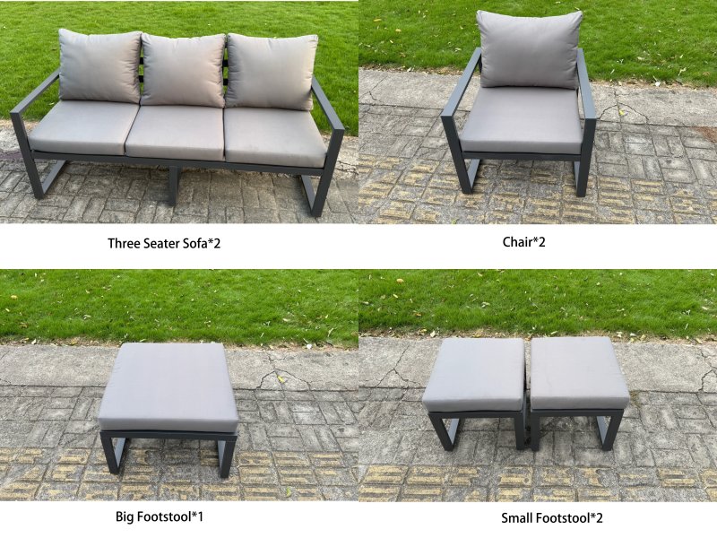 Fimous Garden Aluminium Furniture Set Dark Grey 10 Seater Outdoor Patio Adjustable Rising Lifting Dining Table with 2 Big Footstools 2 Side Tables Dark Grey