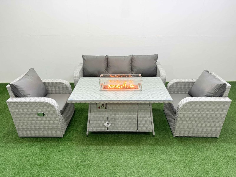 Fimous PE Rattan Garden Furniture Set Reclining Chair Sofa Lounge Sofa Set Firepit Dining Table Light Grey