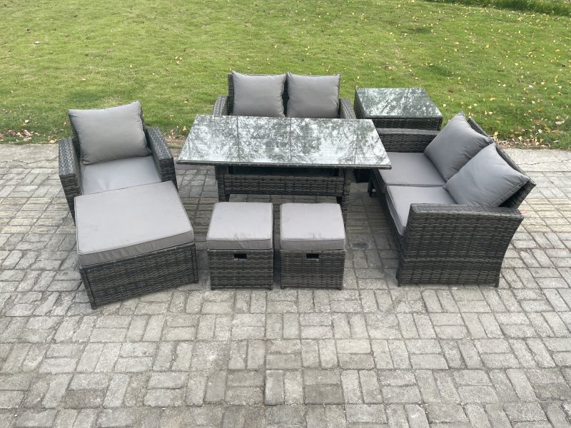 Fimous 8 Seater Outdoor Garden Dining Set Wicker PE Rattan Furniture Sofa with Rectangular Dining Table Double Seat Sofa Side Table 3 Footstools Dark Grey Mixed