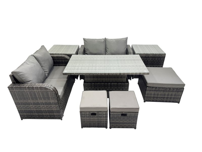 Fimous 7-seater Patio Height Adjustable Rising Lifting Table Sofa Sets Rattan Garden Furniture Dining Set with 2 Side Table 3 Stools Dark Grey Mixed