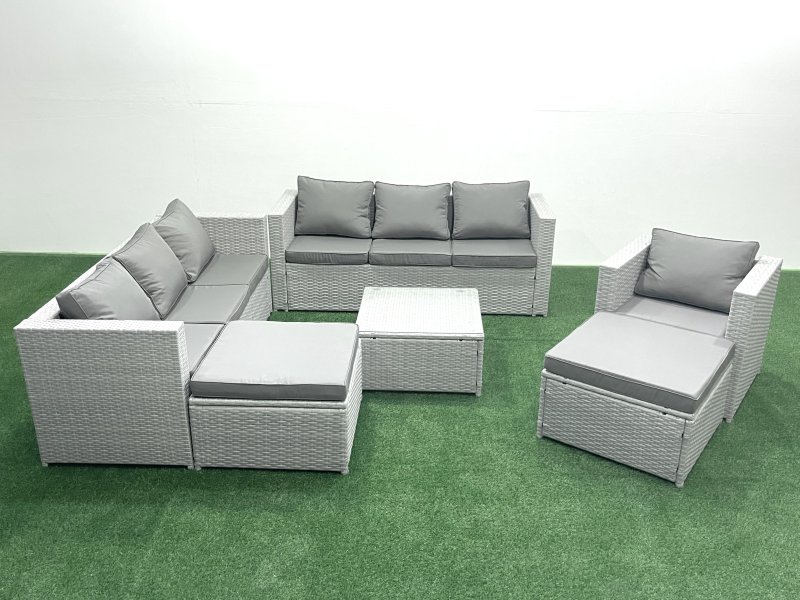 Fimous Wicker PE Rattan Sofa Garden Furniture Set with Armchair Square Coffee Table 2 Big Footstools Light Grey Mixed