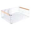 Living and Home Iron Dish Drainer Rack with Removable Drip Tray - Compact Sink Organizer with Wooden Handle, Ventilated Slots & Plastic Utensil Bins
